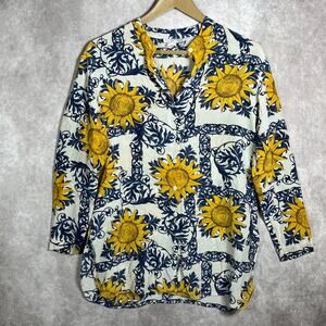 Vintage Daniel Field Blouse Womens Small Blue Yellow Floral‎ Silk 3/4 Sleeves